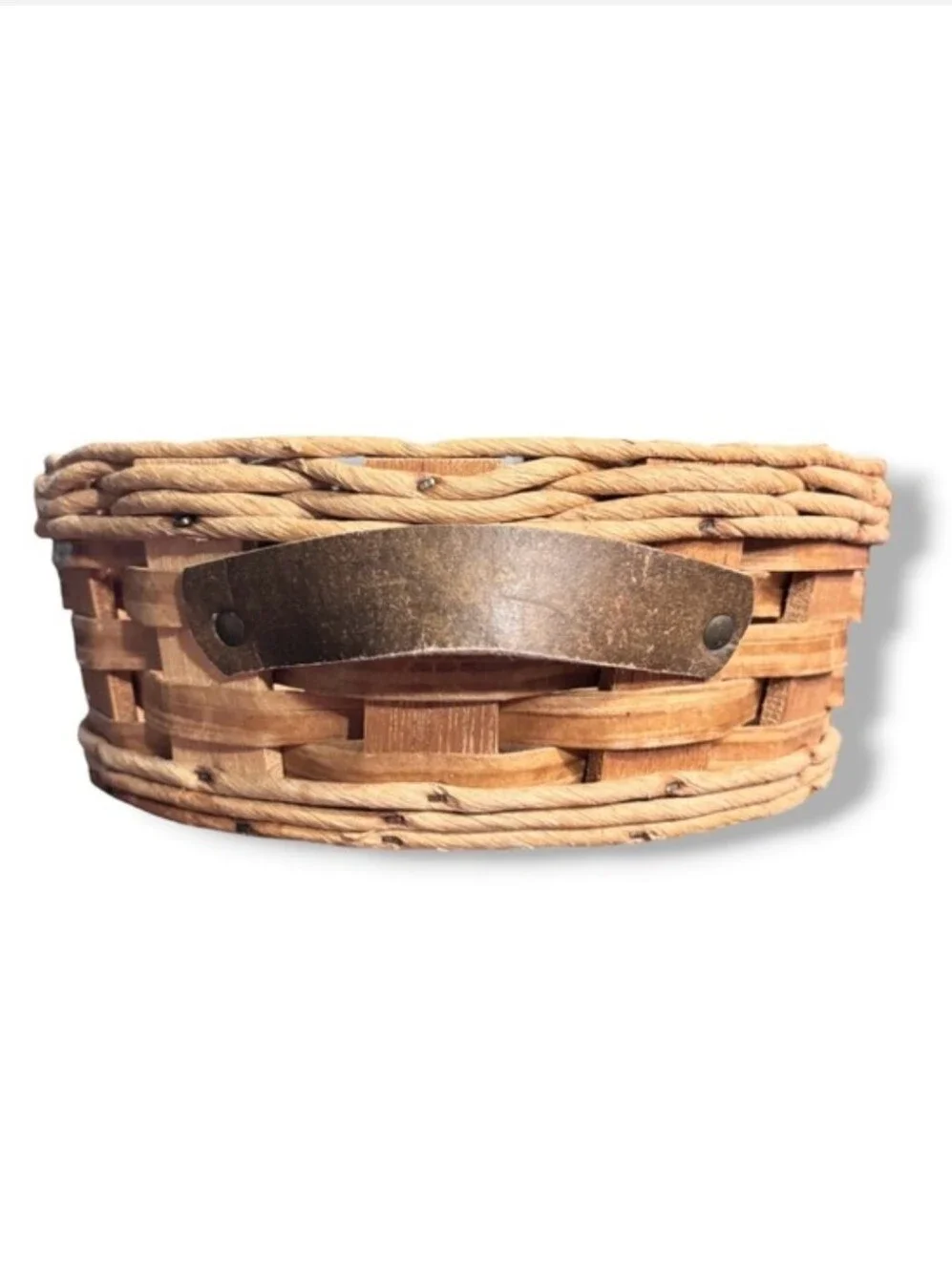 PYREX Wooden Leather Handled Woven Basket Cork Bottom Casserole Carrier VINTAGE